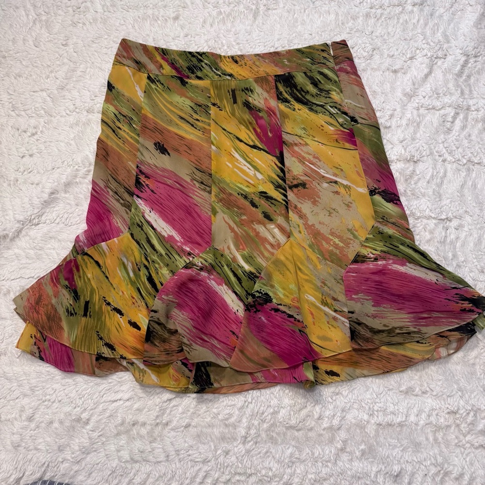 Sunny Taylor Abstract Flounce Skirt Petite 12P Colorful A-Line Ruffle Hem Artsy